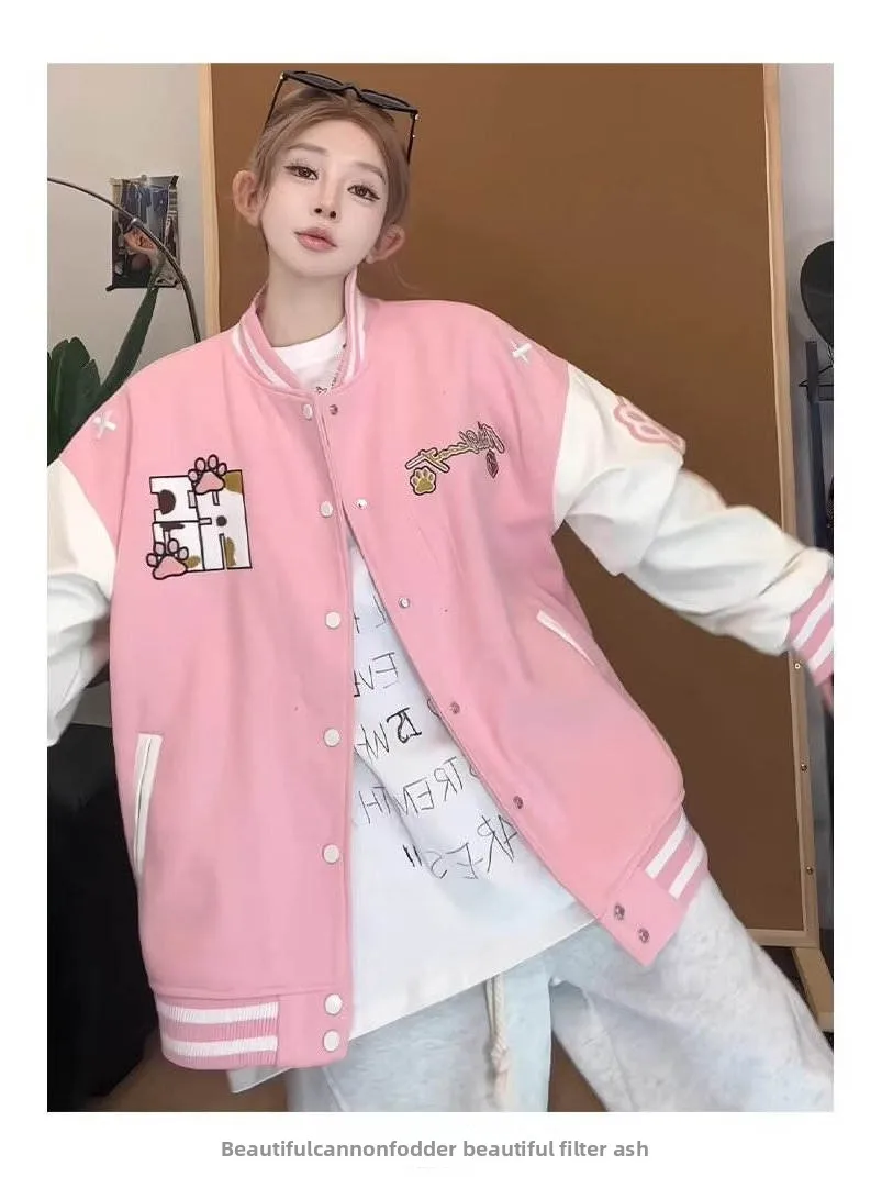 

plus Size 300 Pou Pink Baseball Jaet Women's Casual College Sle Outerwear Autumn Winter Versatile Small Jaet