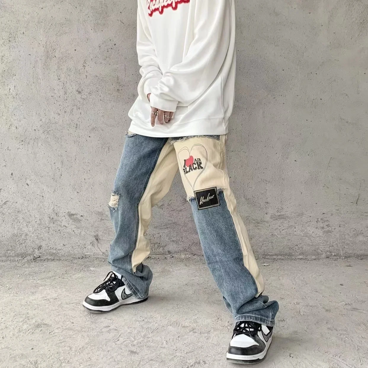 Colour Block Washed Stitched Jeans American Style High Street Vintage Men's Jeans Loose Straight Tube Wide Leg Men's Pants