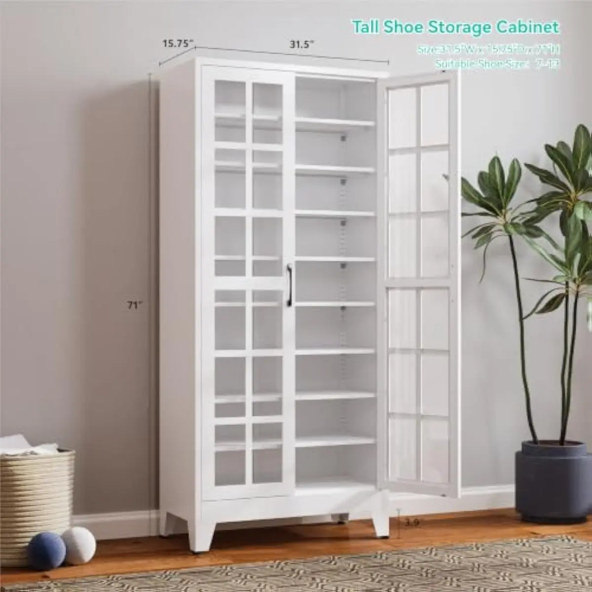 Tall Steel Shoe Cabinet Featuring Tempered Glass Doors Iron Grid Front Adjustable Shelves 31.5 W x 15.8 D x 71 H Inches Dust Res