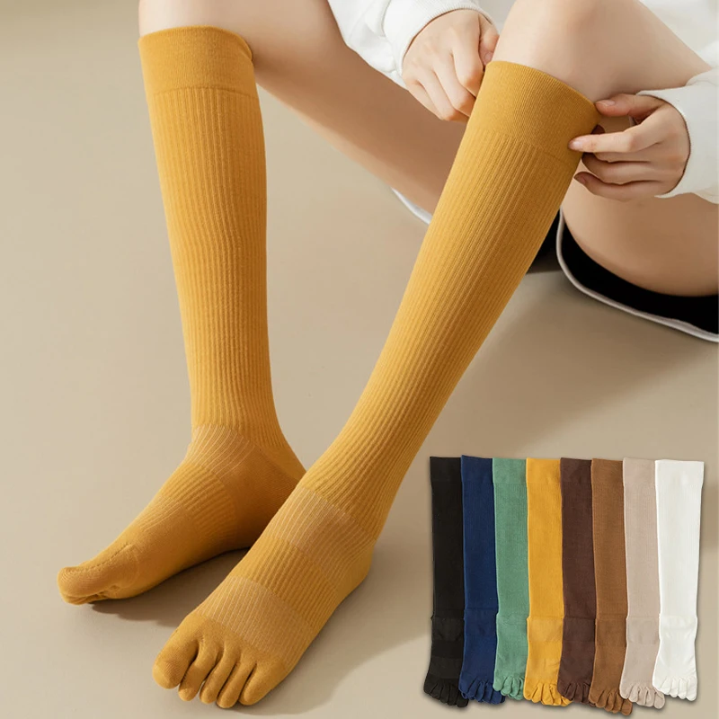 

1Pair Women Solid Color Cotton Knee-high Sock Anti Odor & Sweat Absorption Breathable Five-toe Sock Comfortable Toe Sox Female