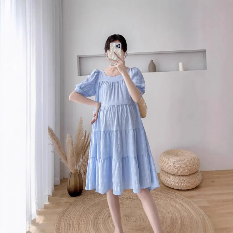Summer New Korean Version Knee Over Belly Cover Small Fresh Loose Temperament Pleated Pregnant Dress