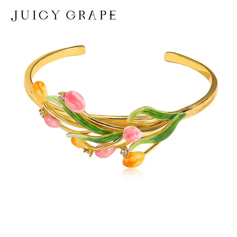 

Сочный браслет с виноградной эмалью для женщин, 18-каратное золото, ювелирные изделия с цветочным принтом, подарок 2026, новые модные украшения, браслет-тюльпан для ваших любимых