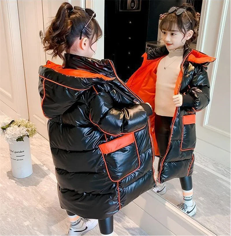 Winter Kids Warm Long Down Coats Girls Boys Thick Plus Velvet Jackets Teen Hooded Waterproof Parka Freezing Resistance Outerwear