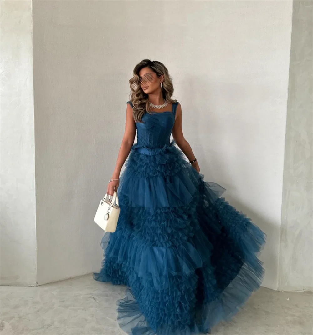 Annie abito da sposa blu scuro fatto a mano multistrato Tulle eleganti abiti da ballo coccinella Sexy abiti da occasione su misura con spalle scoperte