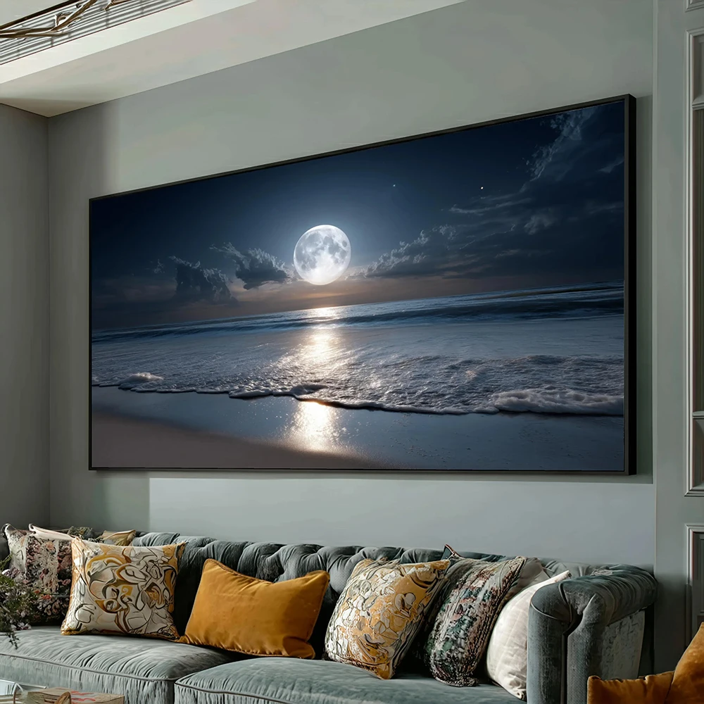 Toile avec réflexion de lune sur l'océan, art mural de plage nocturne, impression sur toile de paysage marin serein, décoration côtière paisible, sans cadre