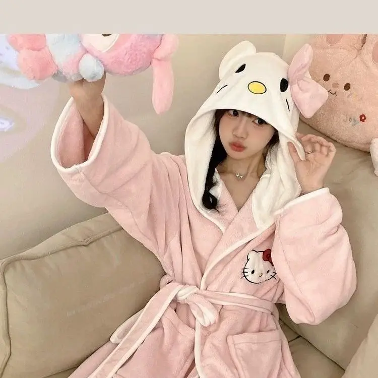 New Hello Kitty  cute hooded nightgown cartoon kawaii thick absorbent quick-drying long adult bathrobe pajamas