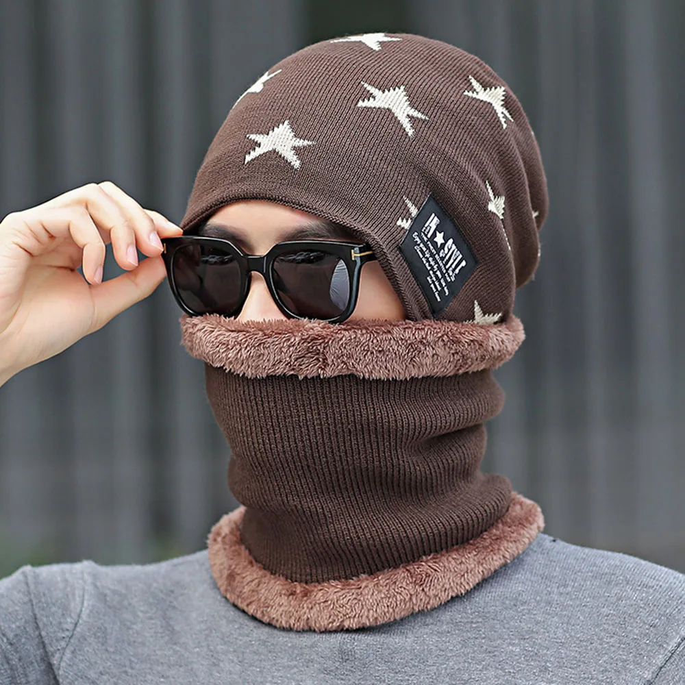 Men's Autumn And Winter Knitted Woolen Hats Thickened Warm Youth Korean Style Cycling Cotton Hat Neck Set