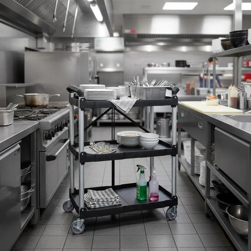 Chariot de service 107x17x39cm, chariot de rangement, capacité de charge 74,8kg, chariot en polypropylène, chariot polyvalent à 3 compartiments, chariot de cuisine avec roulettes pivotantes, chariot de niche, chariot d'atelier, chariot de service