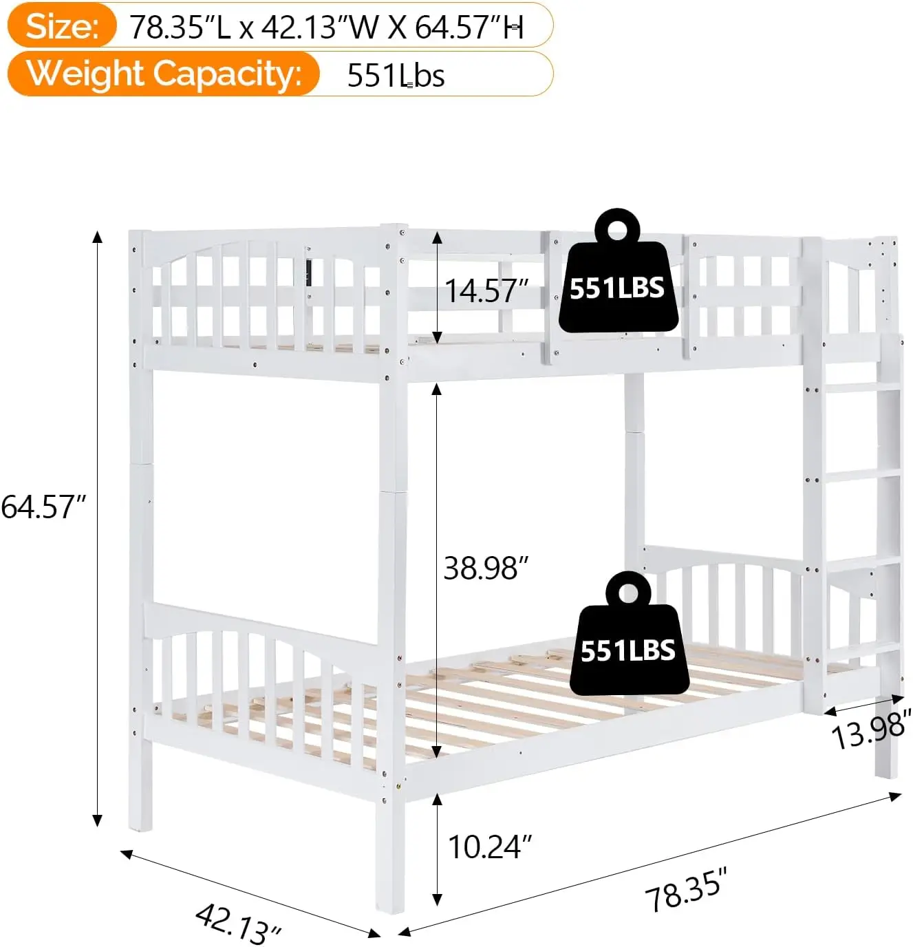 Vingli Bunk Bed Twin Over Twin With Led And Charging Station, Twin Bunk Bed With Ladder For Kids,Teens,Adult, High Guardrail