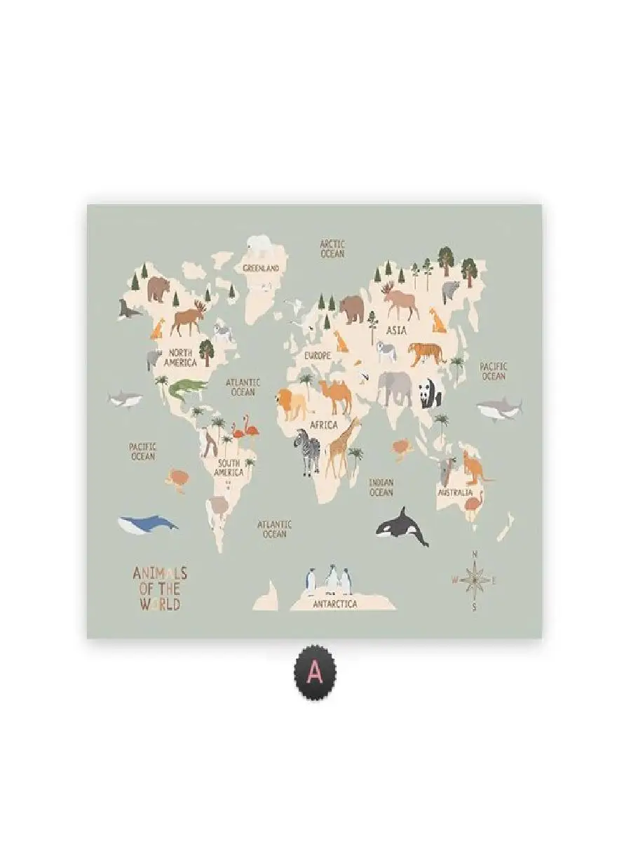 Educational Cartoon Animal World Map Canvas Wall Art for Nursery Kids Room Decorative Poster Print