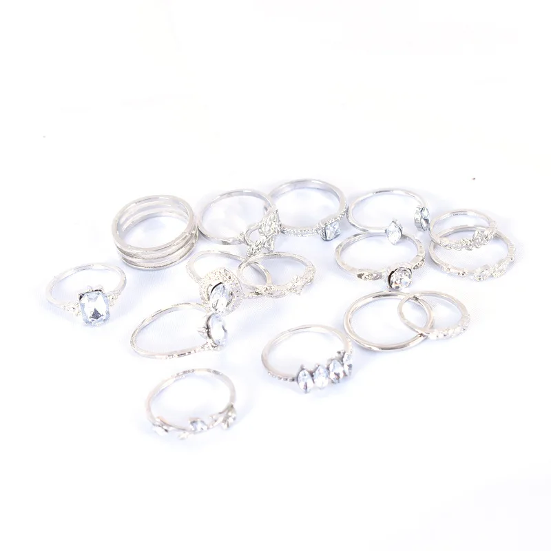Vintage Bohemian Style 15 Pieces Ring Set for Women Inlaid Rhinestone Metal Ring Fashion Jewelry Party Gifts For Girls