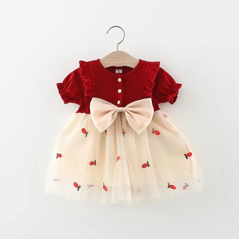 Spring Autumn French Style Children's Princess Dress Baby Round Neck Dress Cute Strawberry Printing Pattern Girls Dress
