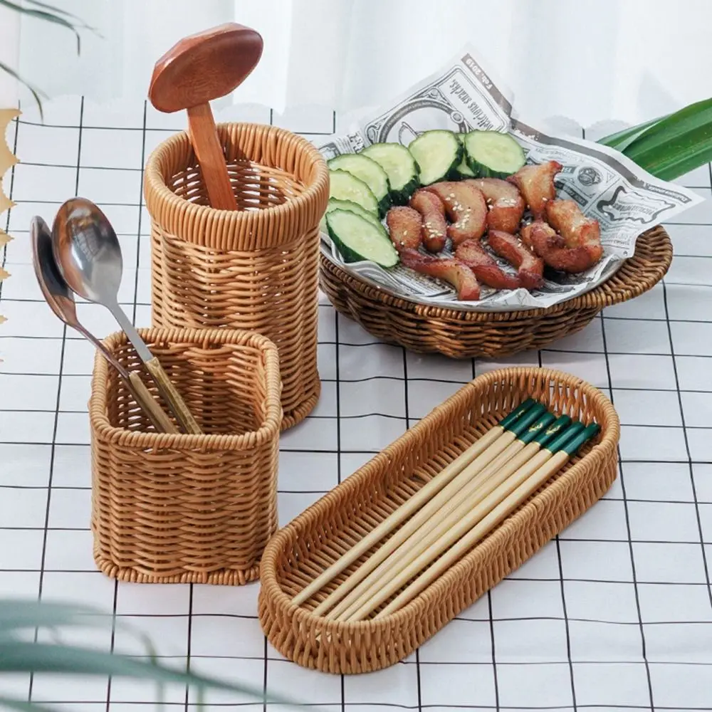 

Hardness Rattan Wicker Woven Serving Baskets Household 7 Styles Drain Chopstick Fork Spoon Holder Handwoven