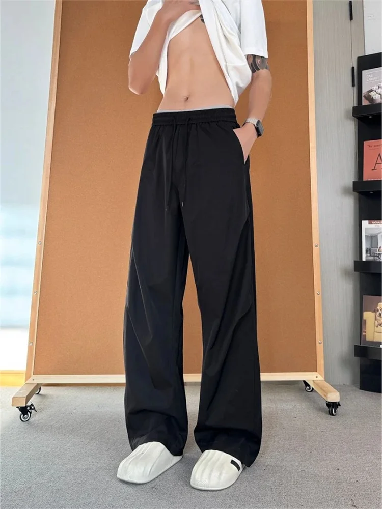 

American Folded Bent Knife Ice Silk Pants Men Summer Thin Hanging Straight Casual Loose Large Size Wide Leg Long Trousers