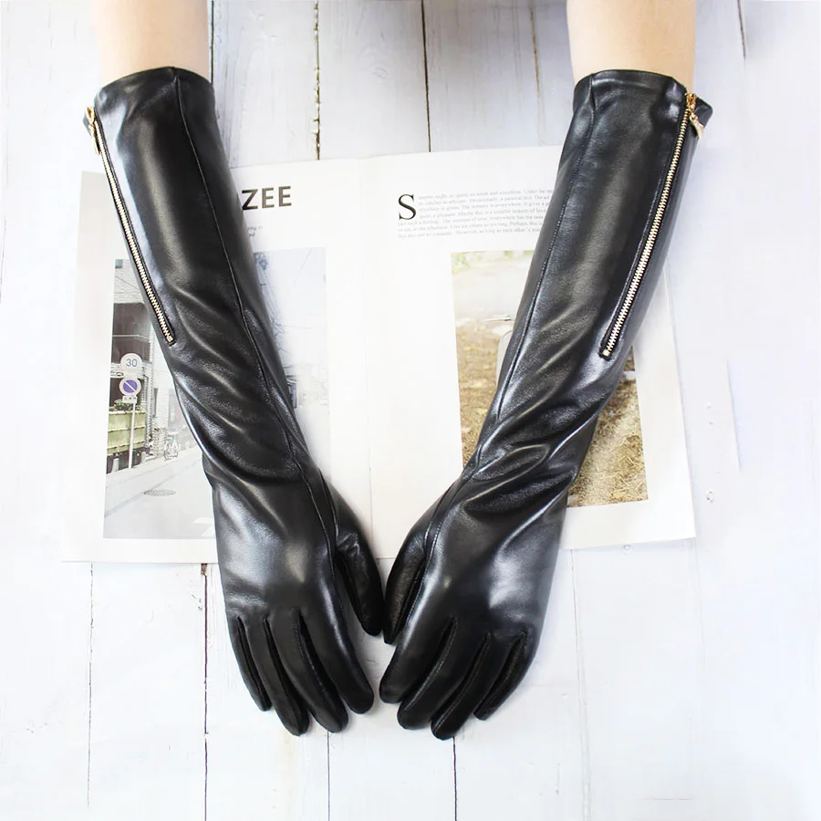 Long Sheepskin Leather Gloves Women\'s Fashion Zipper Style Hand Repair Autumn and Winter Plus Velvet Warm Fingers