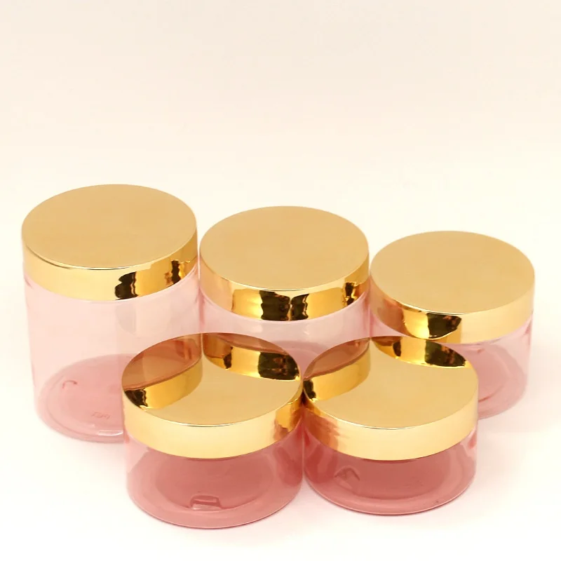 24pcs Light Red Plastic Cream Jar Shiny Gold Lid Empty Cosmetic Container Face Cream Pot Packaging 100ml 120ml 150ml 200ml 250ml