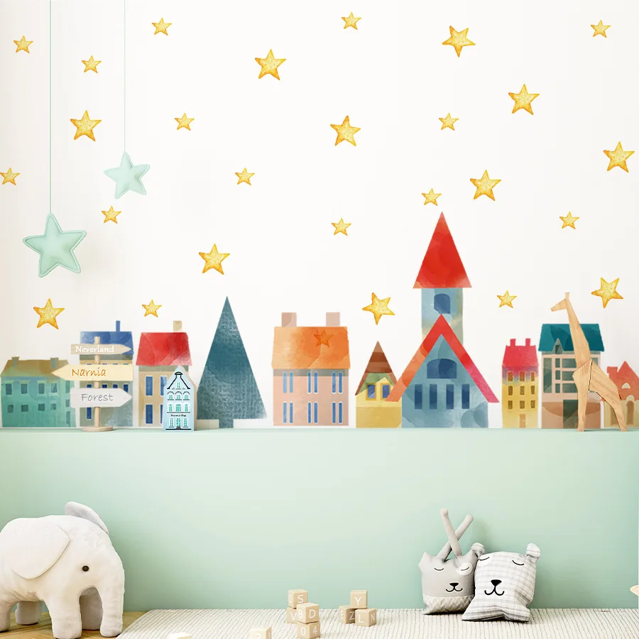 크리스마스 겨울 스노우 시티 하우스 벽 스티커, 만화 스타 타운 벽지, 자기 접착, 어린이 방, 보육 교실 장식