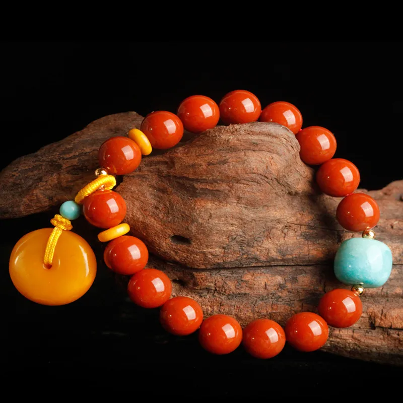 

Natural South Red Agate Beads Persimmon Red Round Beads Single Circle Bracelet with Beeswax Turquoise for Men and Women Simple