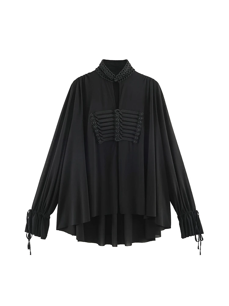 New Women Vintage Sheer Blouse Chic Stand Collar Single Breasted Long Flare Sleeve Shirts Street Solid Elegant Black Shirt