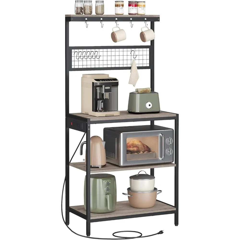 

Bakers Rack with Charging Station, Coffee Bar Stand with Adjustable Storage Shelf, Grid Panel, 12 Hooks, Table for Microwave,