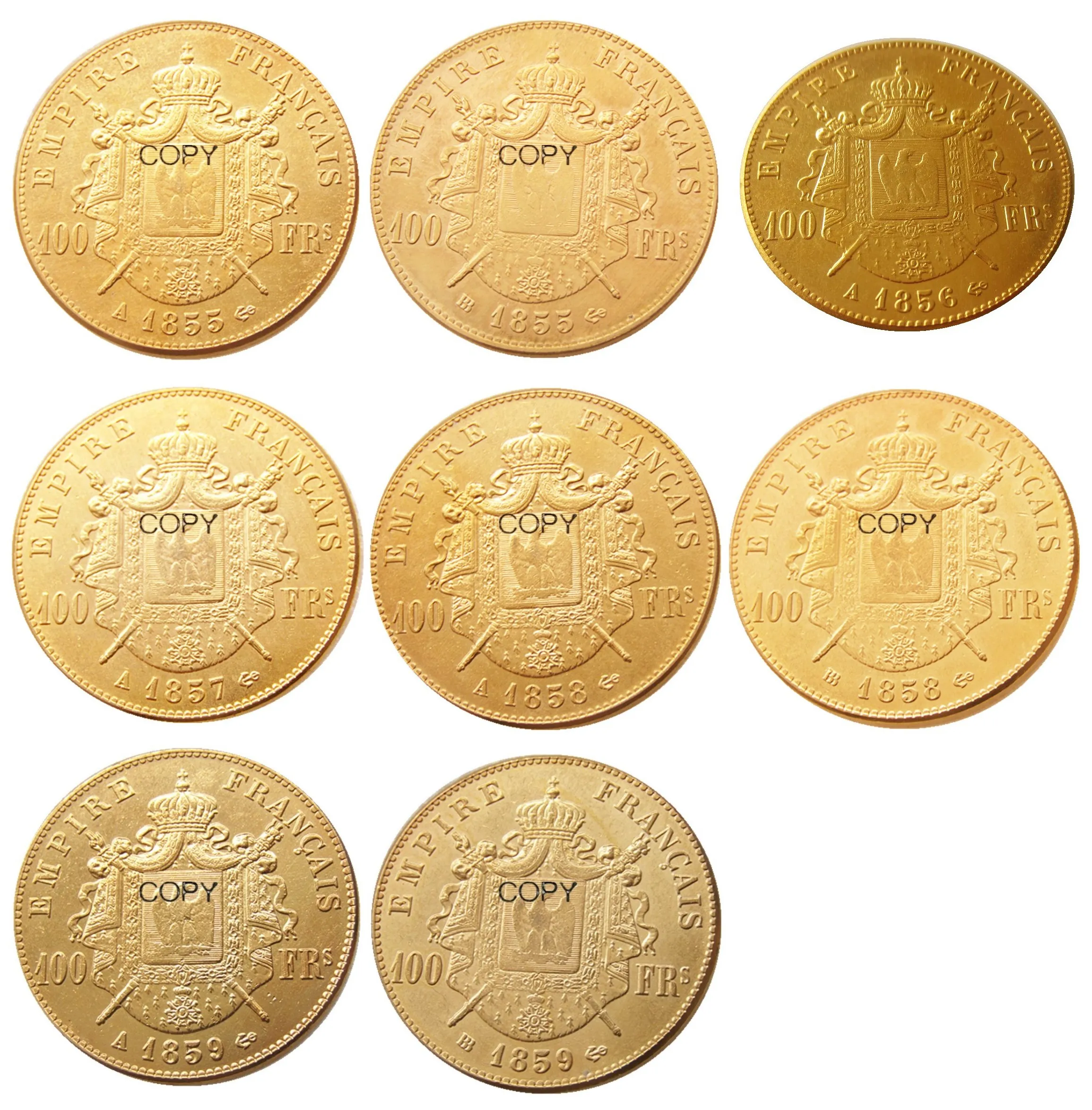 

France 1855 - 1859 A B 8pcs 100 Francs Napoleon III Gold Plated Copy Decorate Coin