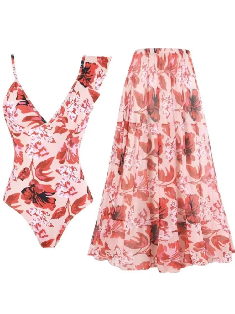 

Printed Ruffle Two Piece Swimsuit With Cover Up Sexy Swimwear Women Flat Belly Swim Suits Bathsuit Belt Bodysuit Beach Outing