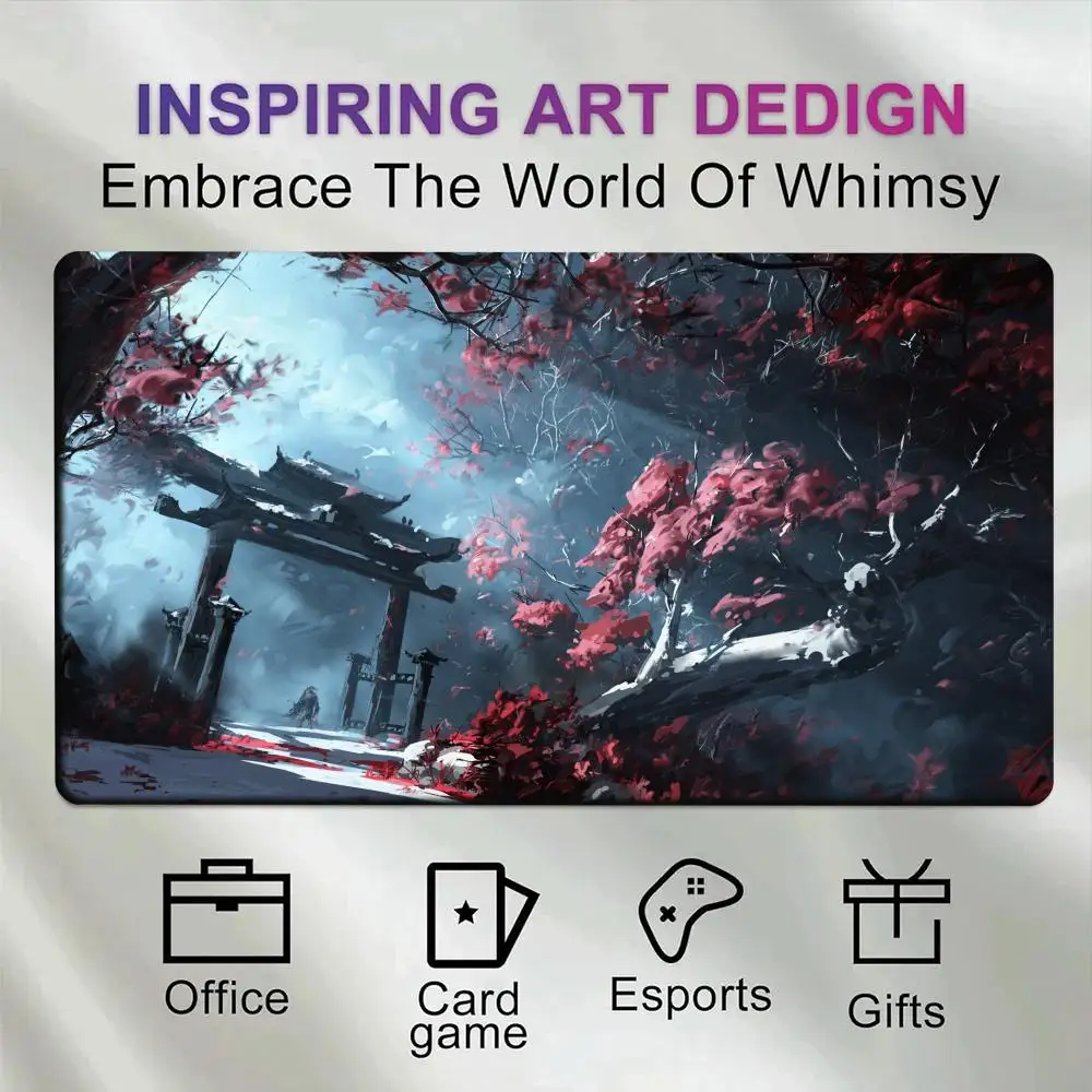 Large Gaming Mousepad Oriental Fantasy Snowy Torii Red Maple Landscape Desk Mat Waterproof Non-slip Rubber Base for Card Game