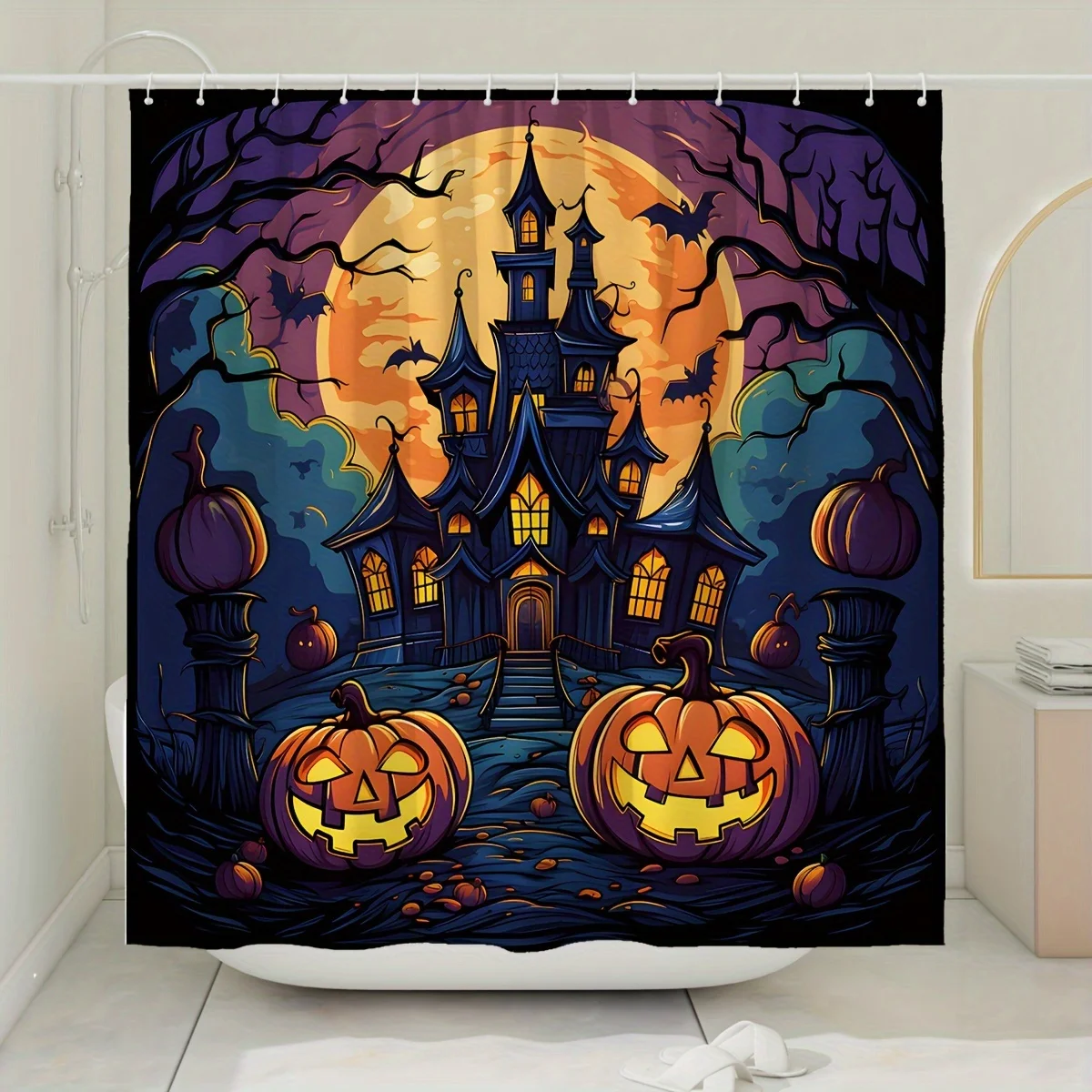 Horror Halloween Shower Curtain Castle Pumpkin Tree Halloween Orange Black Bath shower Curtain for Halloween Bathroom Decoration