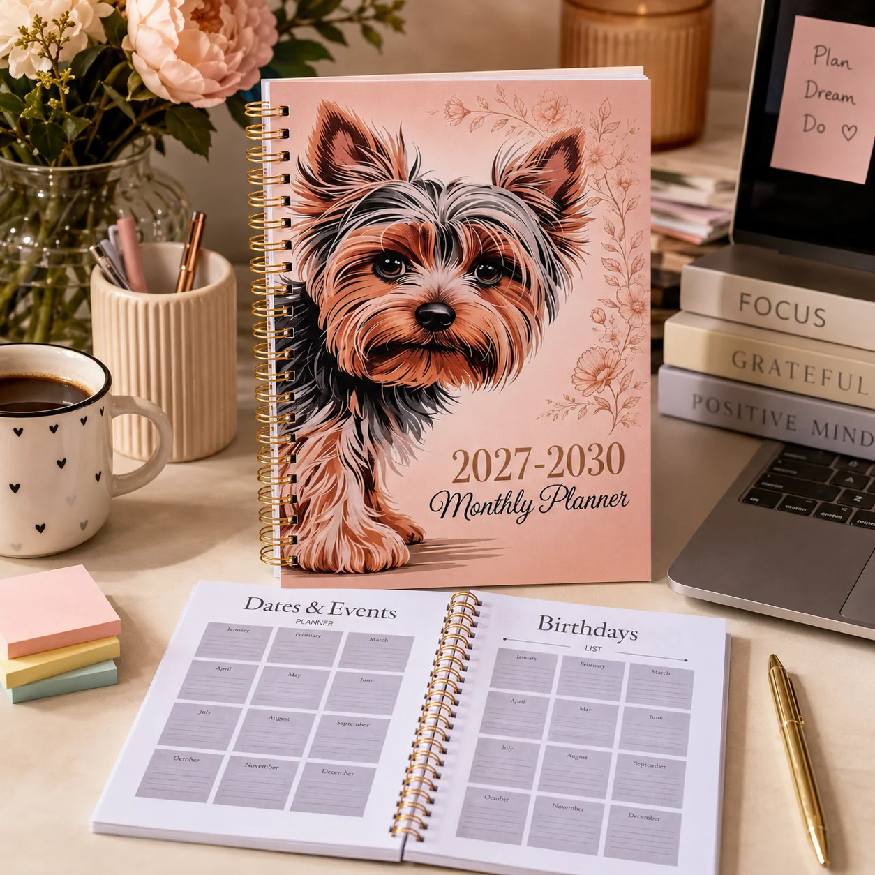 Delicate Floral Yorkie Planner Gold Spiral Bound Four Year Calendar Notebook For Important Event & Birthday Record