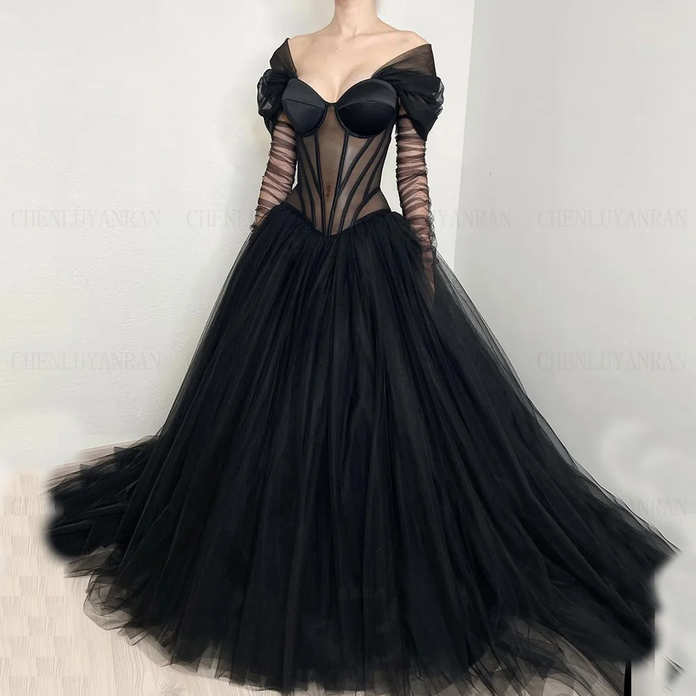 

Exquisite Black Formal Occasion Dresses 2024 Off-Shoulder A-line Long Party Dress Tulle Sexy Evening Gowns فساتين مناسبة رسمية