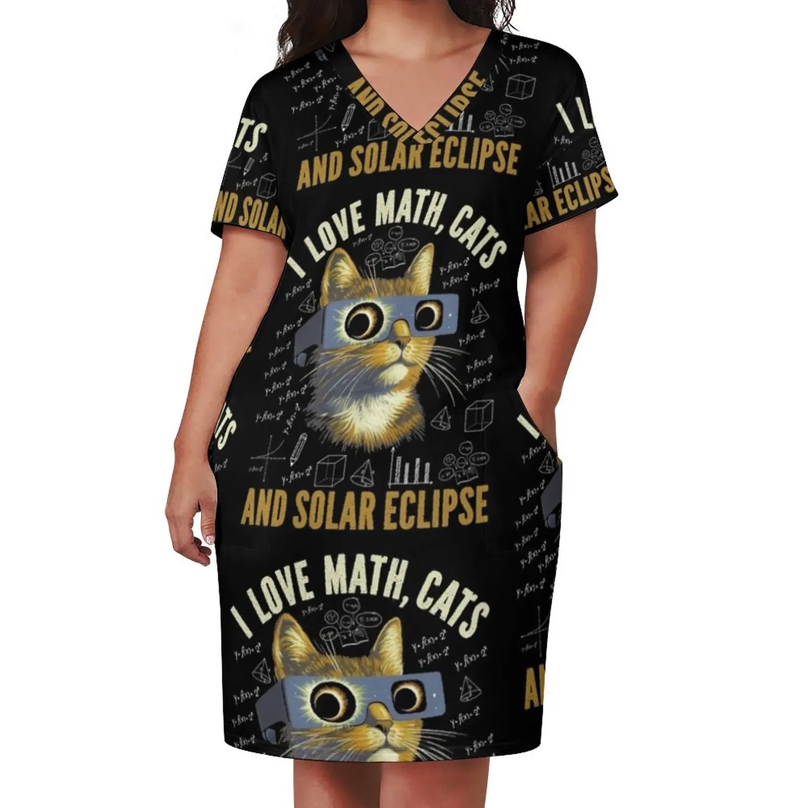 I Love Math, Cats, Solar Eclipse Mathematics Pi Day Science Loose Pocket Dress luxury dress