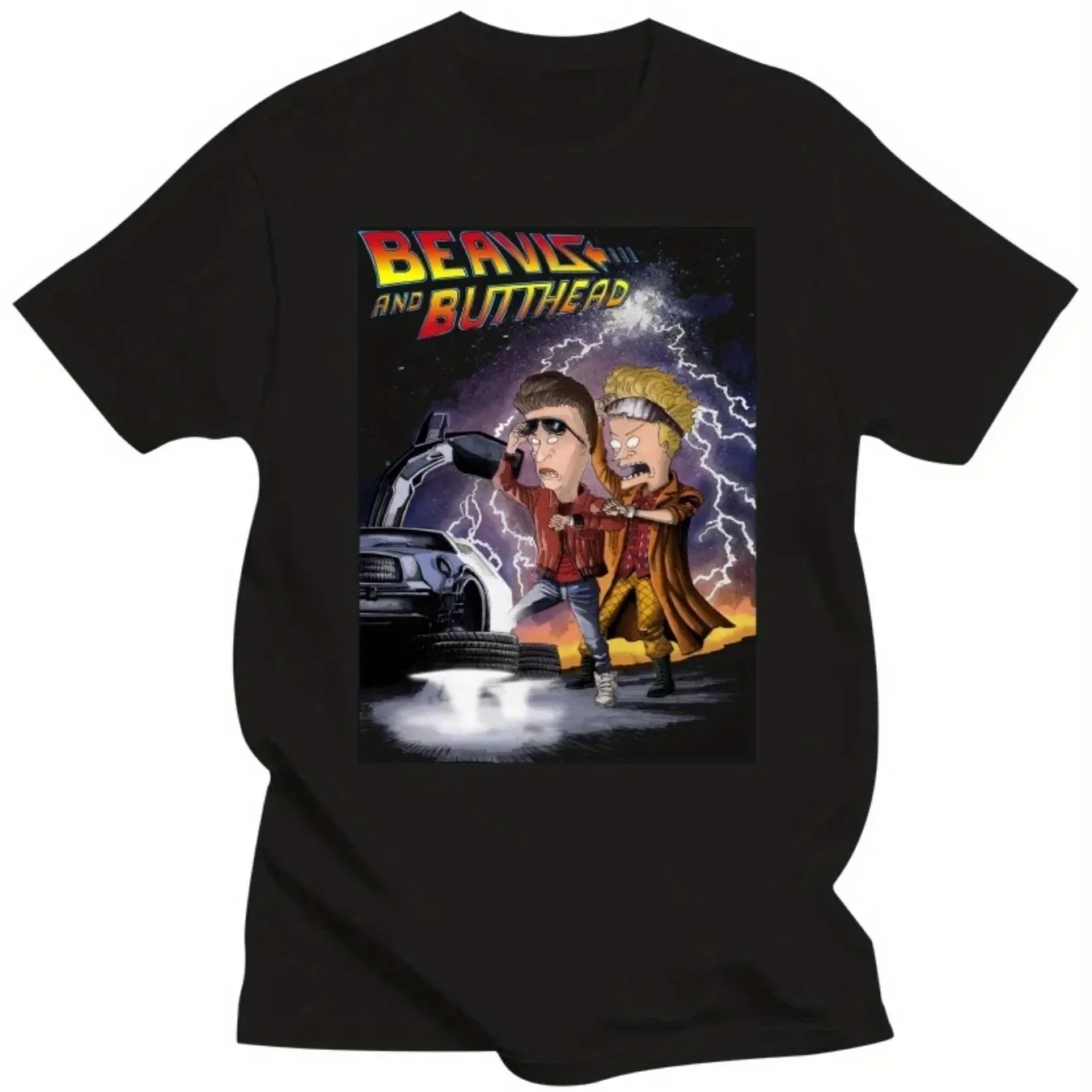 تي شيرت قطني للرجال مقاس Lus - Beavis & Butt-Head Meet Back to the Future Combo Graphic تي شيرت أبيض قصير الأكمام مقاس عادي #1