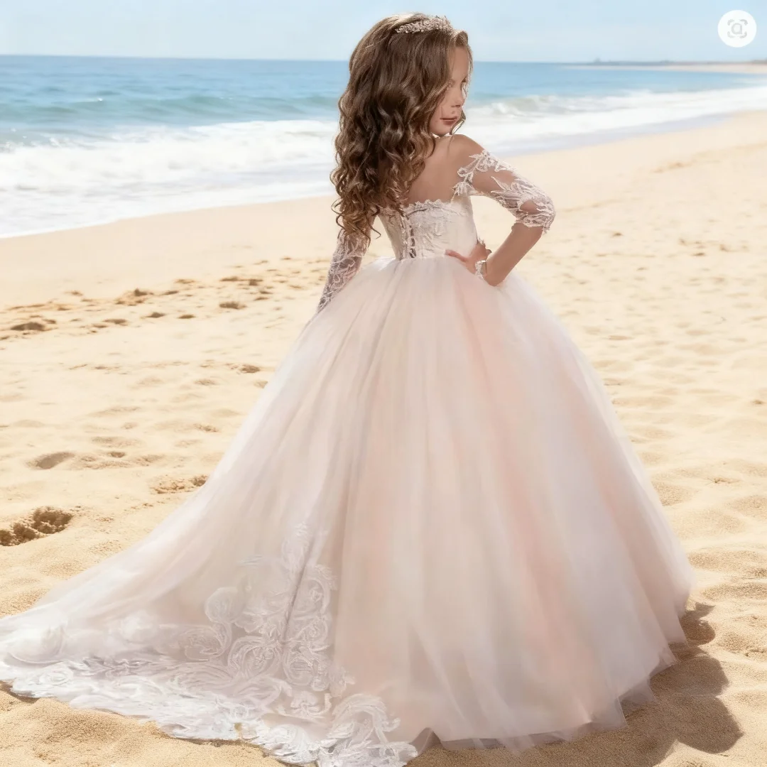 Robe à fleurs rose clair personnalisée pour filles, avec appliques blanches, manches longues, pour mariage, fête d'anniversaire et Communion