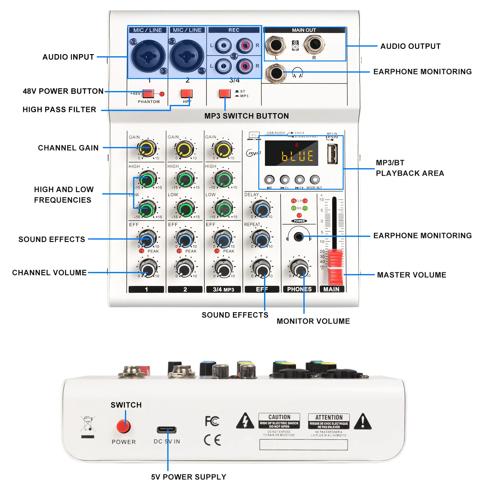 4 Channel  Audio Mixer 48V Phantom Power USB Studio Sound Mixers Wireless Phone Connect Home DJ Console Mixing for KTV