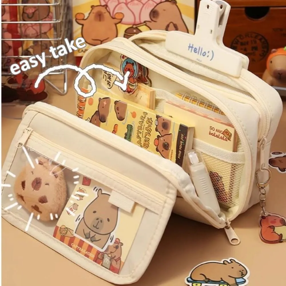 Imagem -04 - Capivara Cartoon Papelaria Holder Bolsa com Broches Bolsa de Lápis de Grande Capacidade Adesivos Clips Pen Case Chaveiro para Crianças