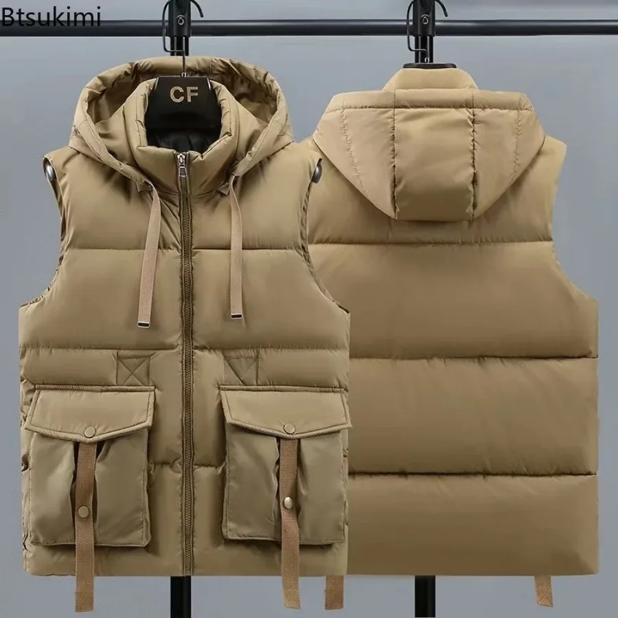 2024 Men's Fashion Down Cotton Parkas Vest Autumn Winter Thicker Windproof Casual Versatile Waistcoat Man Big Pocket Warm Jacket