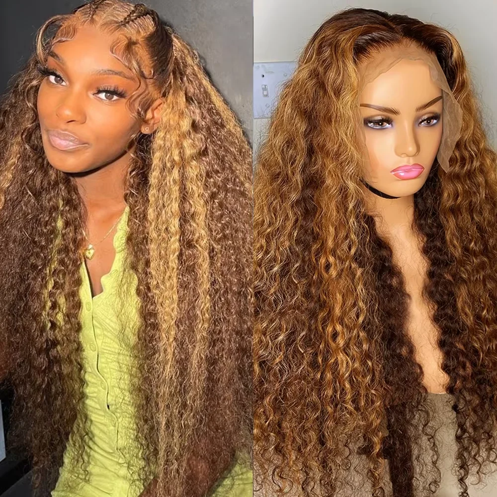 ハニーブロンドカーリーウィッグ,HDレースフロント,人間の髪の毛,ハイライト,ディープウェーブ,250%, 30インチ,13x6, 4x4
