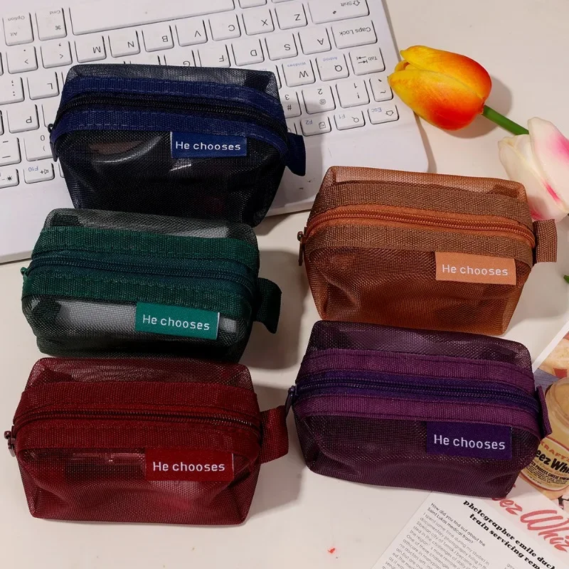 5/1PCS Vintage 3D Square Nylon Mesh Coin Purse Pouch Key Lipstick Earphone Bags ID Card Credit Bag Travel Storage Organizer