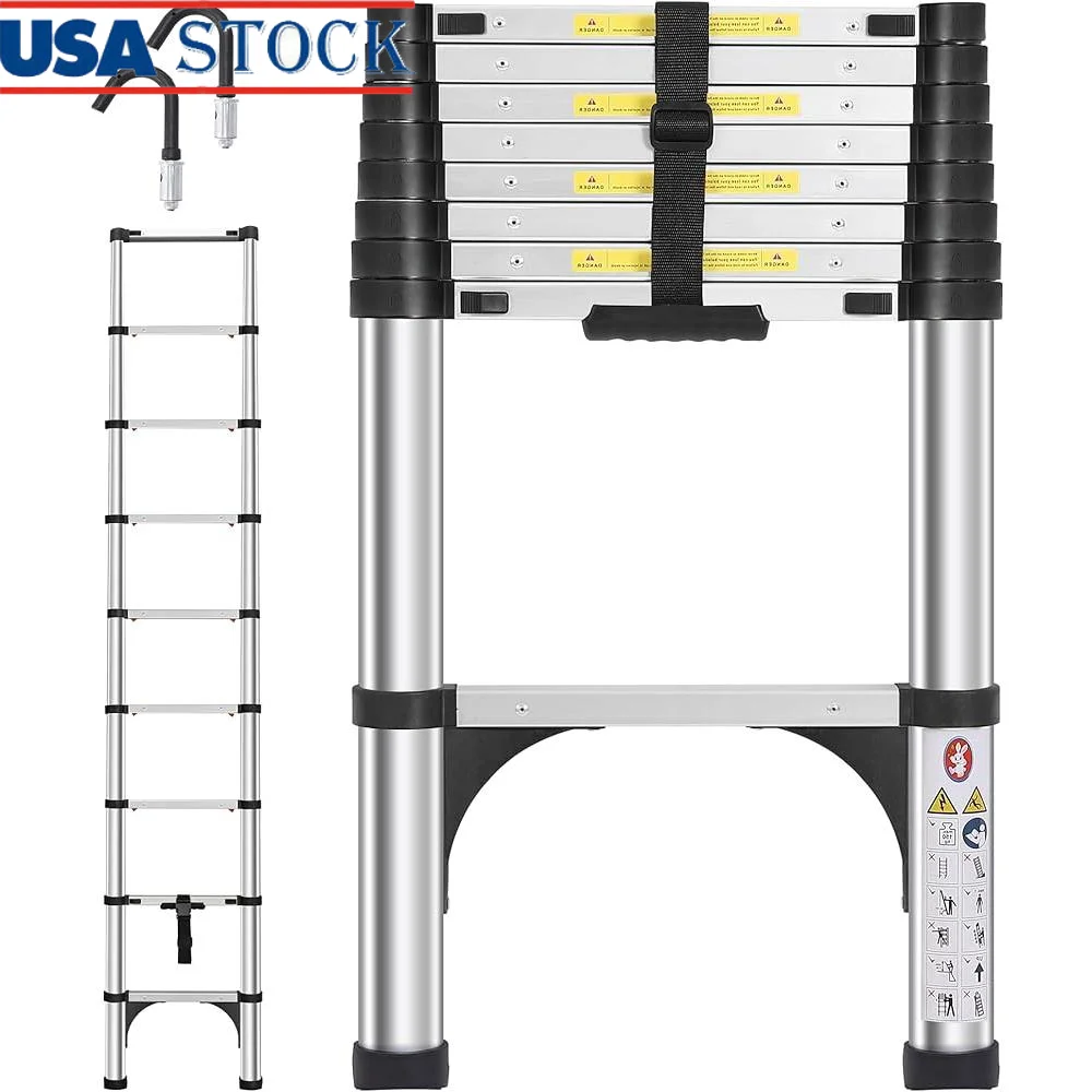 Telescoping Ladder 8.5FT Lightweight Aluminum Extension with 2 Triangle Stabilizers Detachable Hooks Safety Lock Adjustable