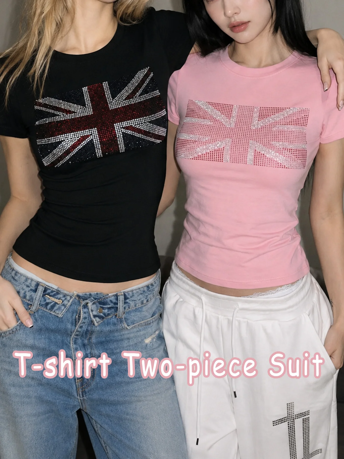Y2K Women 2Pcs Set British Flag Crop T-Shirt Slim Short Sleeve Crew Neck Crop Tops Streetwear Casual Going-Out Outfit For Ladies