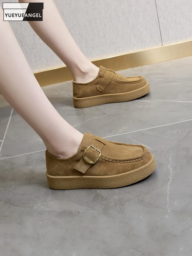 Women Hot Sale Buckle Cow Suede Pumps Round Toe Thick Platform Shoes Slip-On Spring Comfortable Height Increasing Lady Footwear