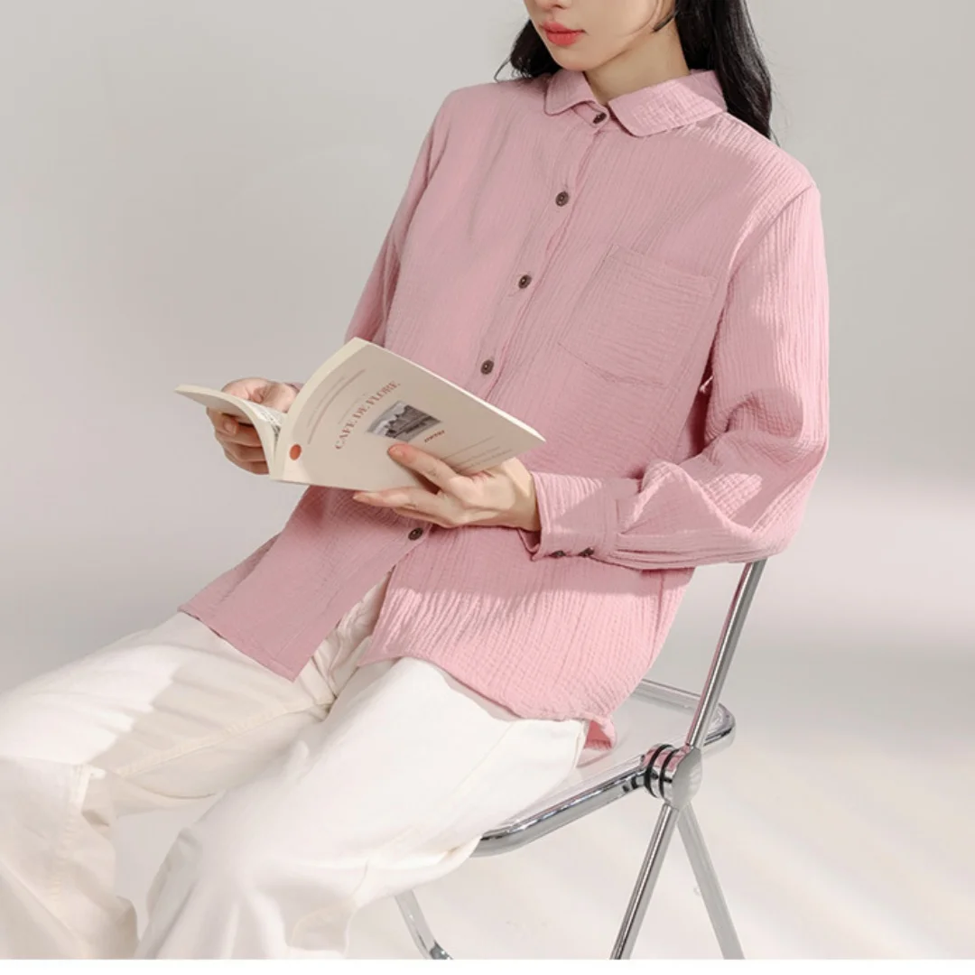 

Muslin 100% Cotton Shirts With Button Long Sleeve Loose Soild Casual Women Shirt Ladies Streetwear Womens Tops Blouse Vacation