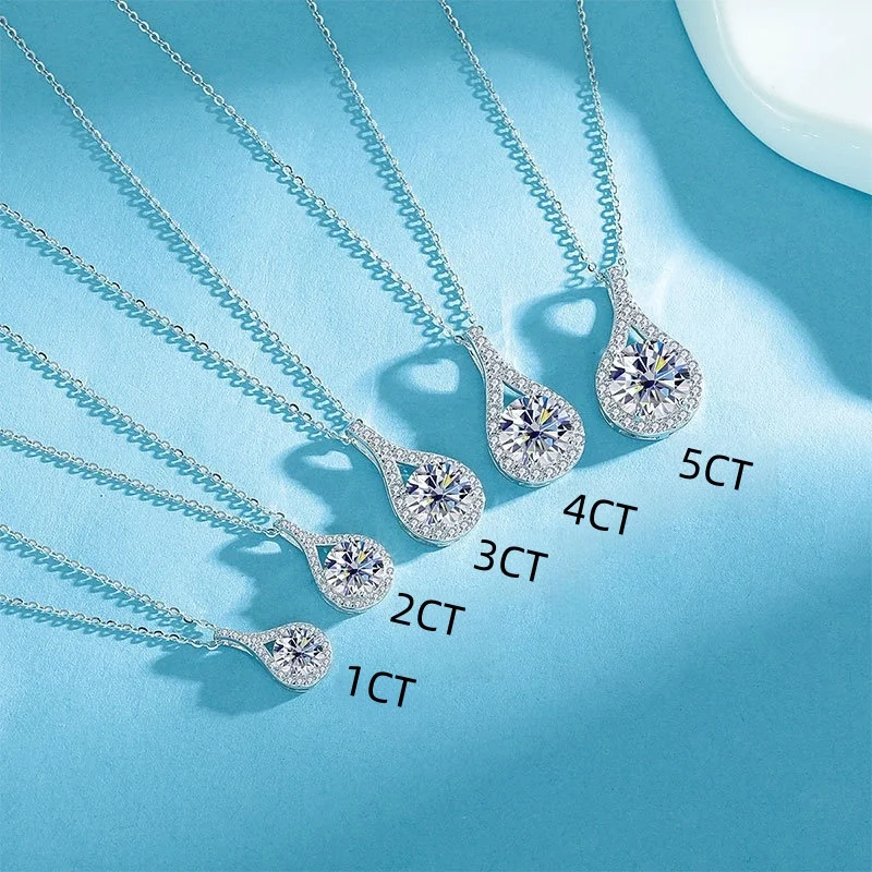 

MOVESKI 925 Sterling Silver Teardrop Halo Moissanite Pendant Necklace | 1CT 2CT 3CT 4CT 5CT Round Cut Dangle Necklace for Women