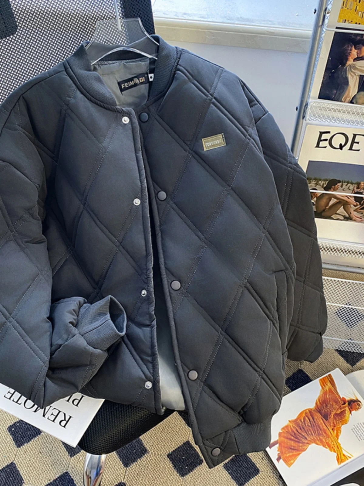 

Thiened Cotton Jaet Men's Winter American Retro Baseball orm Trendy Brand Couple Match Diamond Patterned Padded Coat