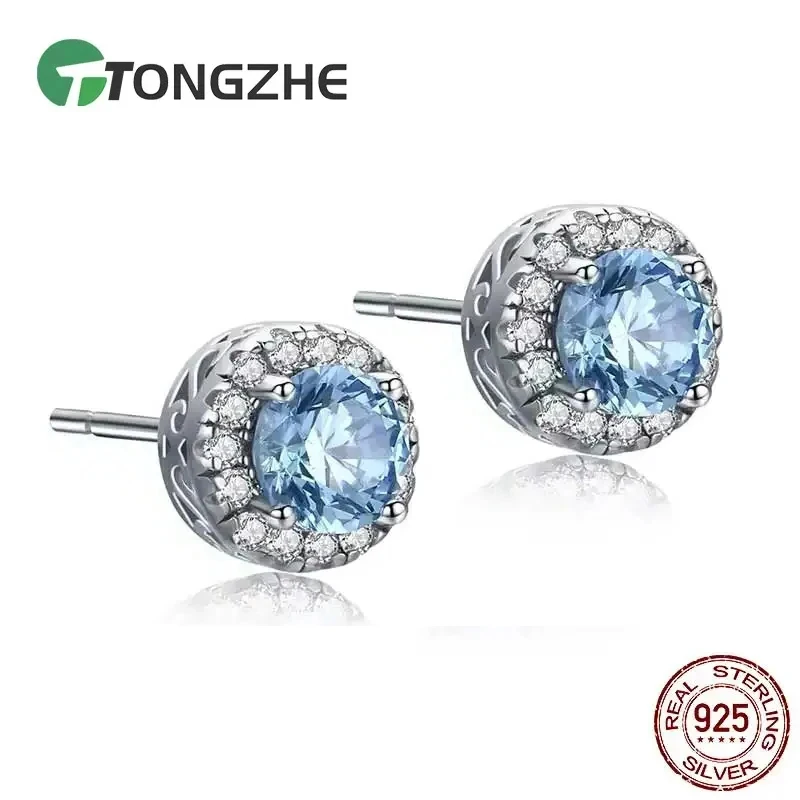 

TONGZHE Fashion 925 Sterling Silver Stud Earrings For Women Sea Blue CZ Clear Small Earrings Kpop Jewelry