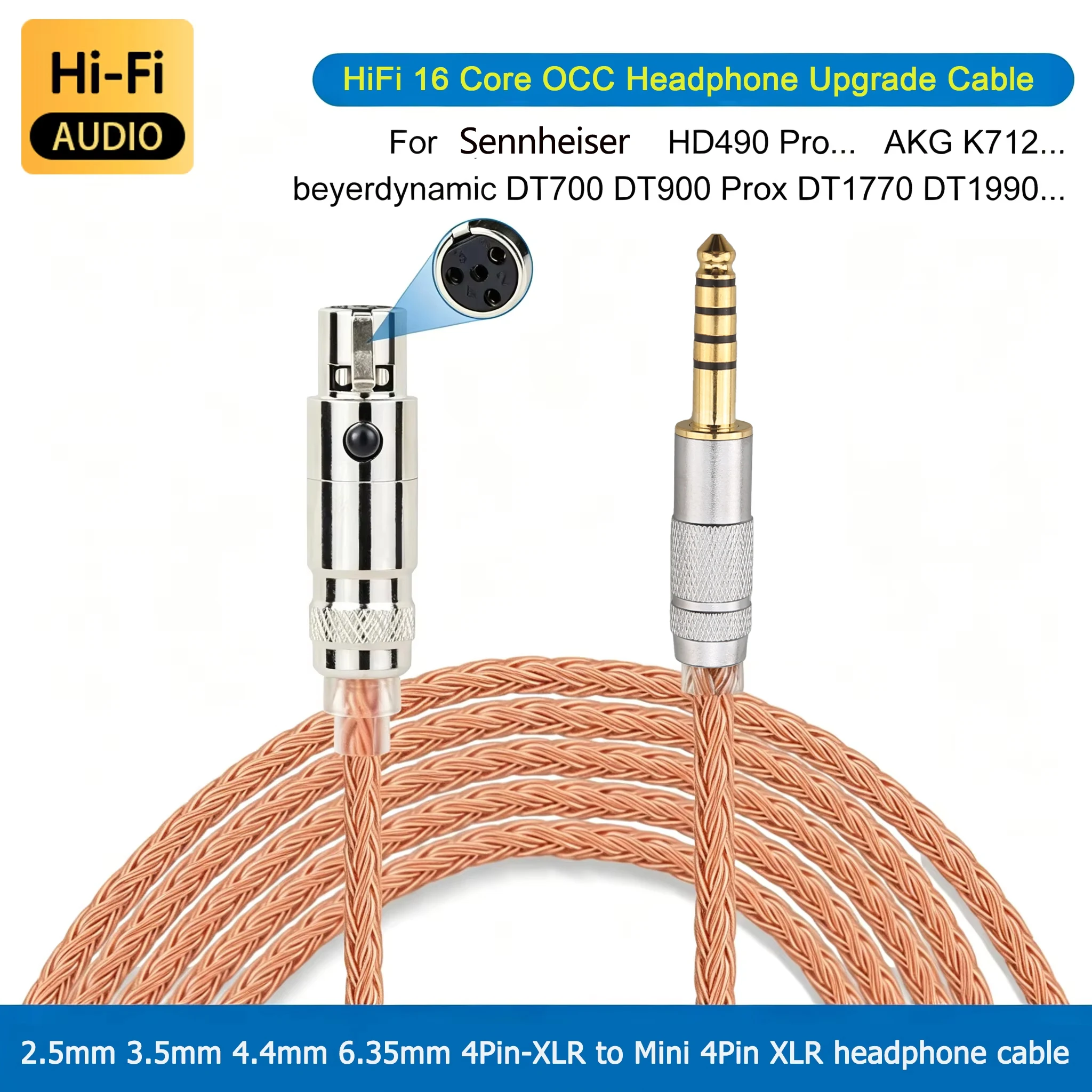 XLR/2.5/3.5/4.4mm to Mini 4Pin XLR Headphone Cable for Sennheiser HD490 Pro AKG K712 Beyerdynamic DT700 DT900 Prox DT1770 DT1990