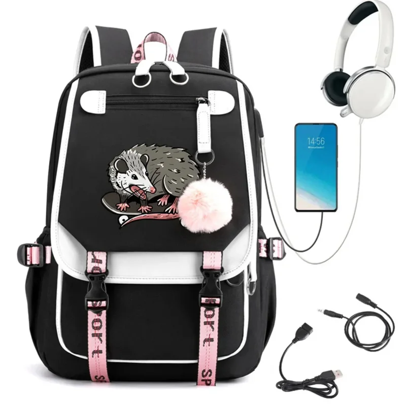 Opossum Kawaii Sacos De Escola para Meninas Adolescentes, USB Carga Saco de Livro, High School Mochila Estudante, Mochila Impermeável, Mochila