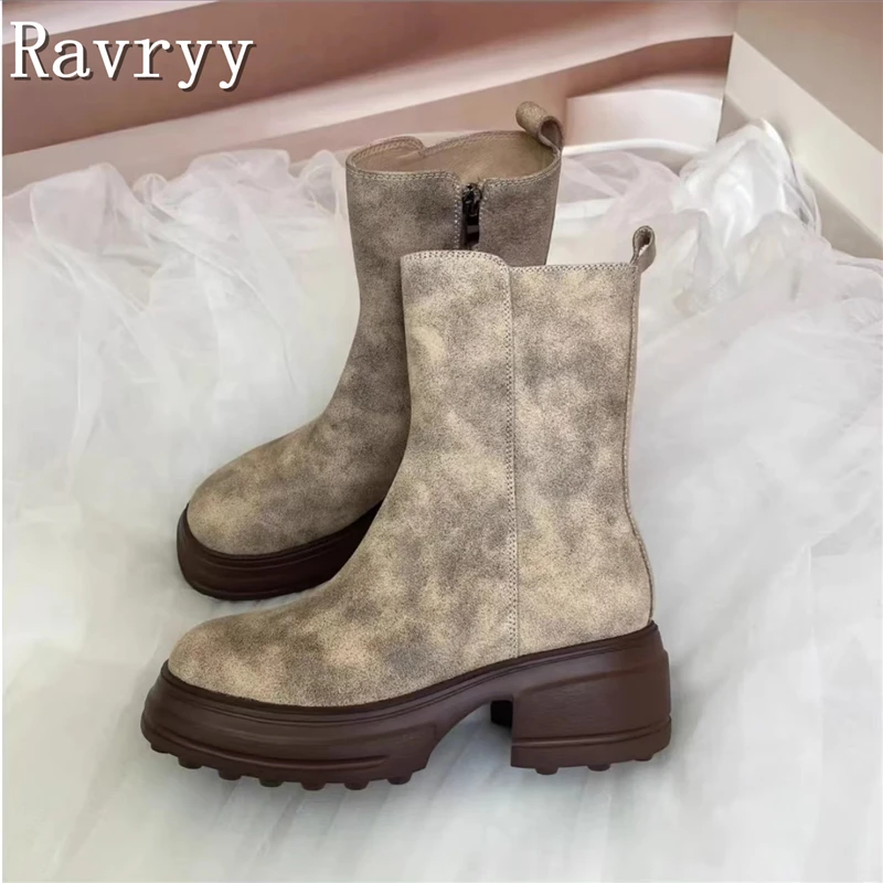 

Brand New Genuine Suede Thick Sole Knight Boots Women Winter Fashion Platform Side Zipper Riding Ankle Boots