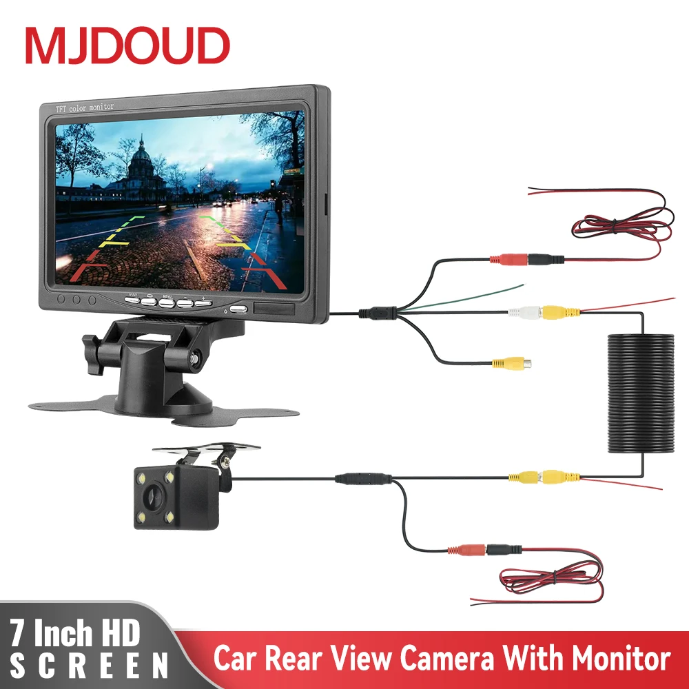 MJDOUD Car Rear View Camera for Vehicle Parking 7 Inch Monitor 12V LED Waterproof Reversing Camera with Screen Easy Installation