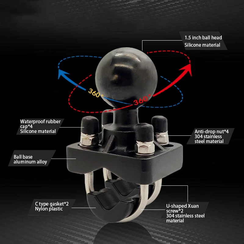 Double U-Bolt Motorcycle Bike Handlebar Rail Mount Base with 1.5 Inch Ball for Gopro Camera for Garmin for Sony